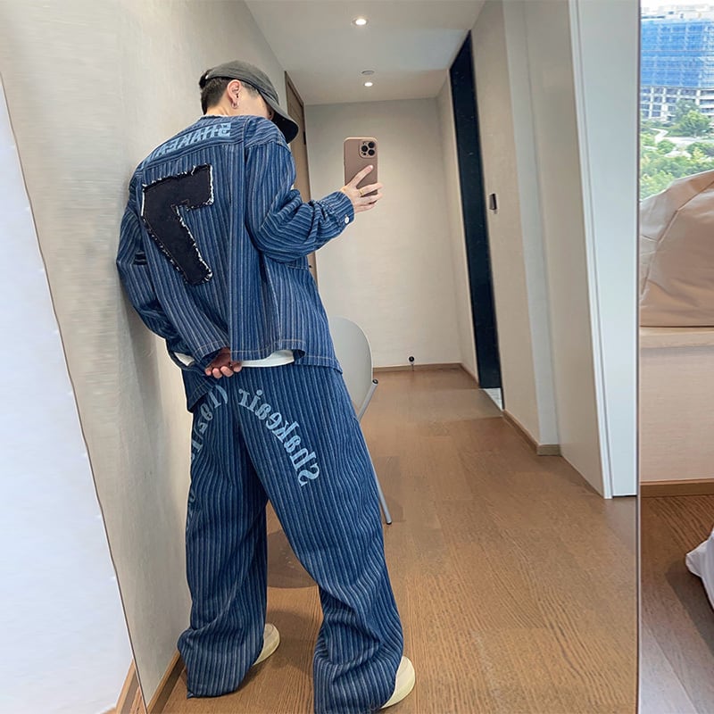 dannyandzeeウォッシュノーカラー縦縞デニムジャケット | mblueshop