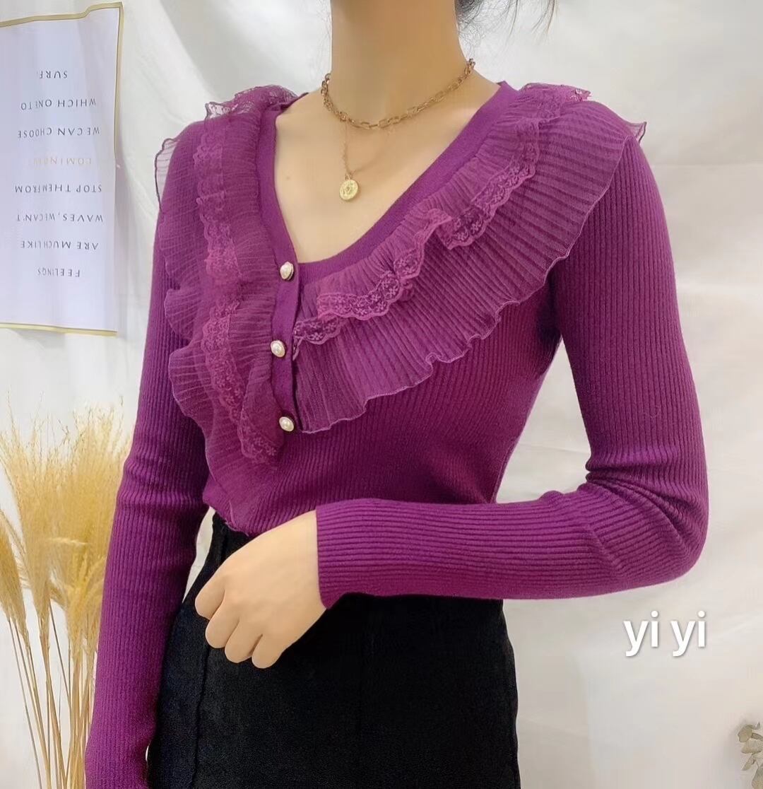 パールボタン　レースフリルリブニット　　AJ111-887