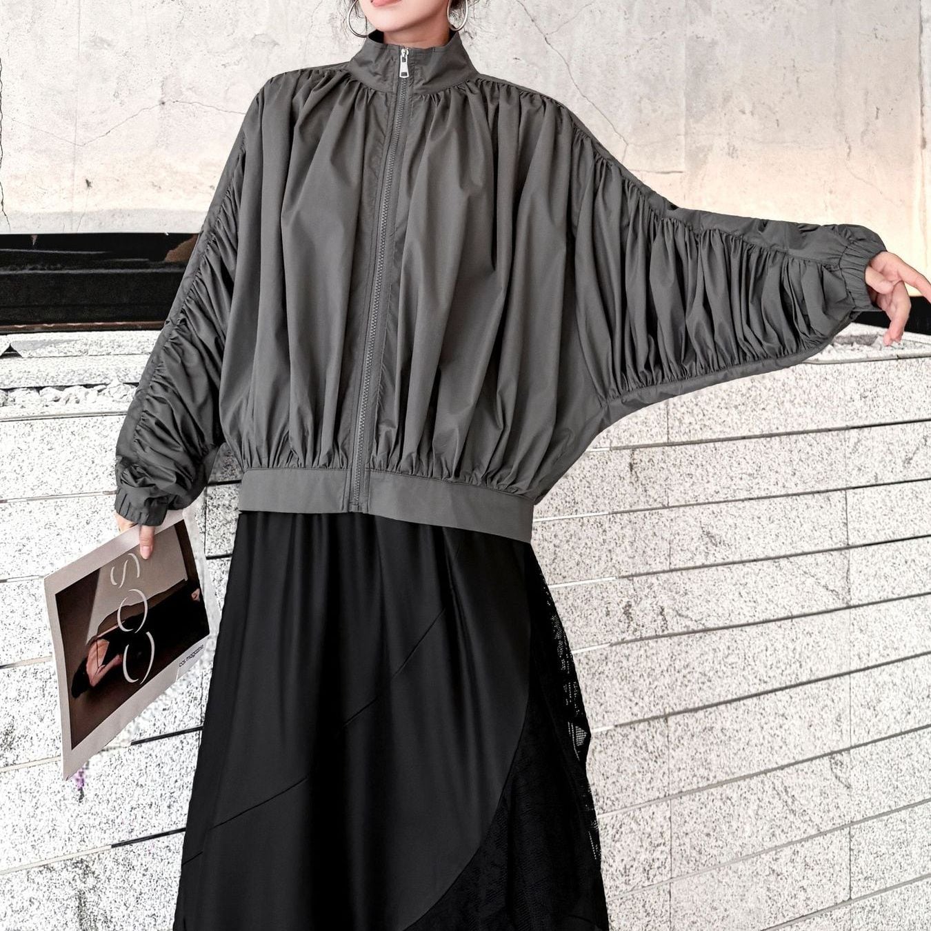 RUCHED STAND COLLAR BATWING SLEEVE ZIP JACKET M-18597