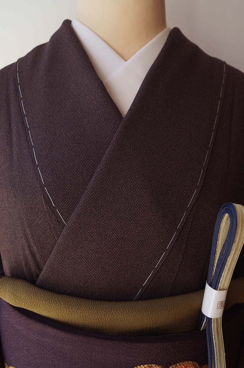 【最安価格】黒地浮き織×テラコッタブラウン格子 正絹 袷 紬 トールサイズ 袷】憲法染色×丁子茶色 江戸小紋 角通し 一つ紋 トール＆ゆとりサイズ