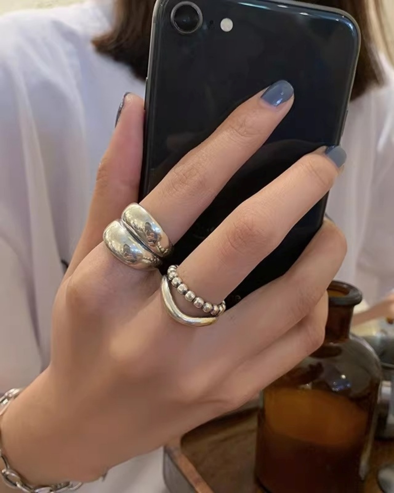 Wide & beaded silver Ring L0113