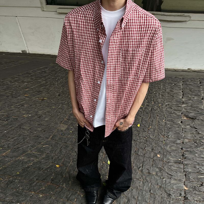 FLEE GFN鮮やかな赤チェック柄半袖シャツ