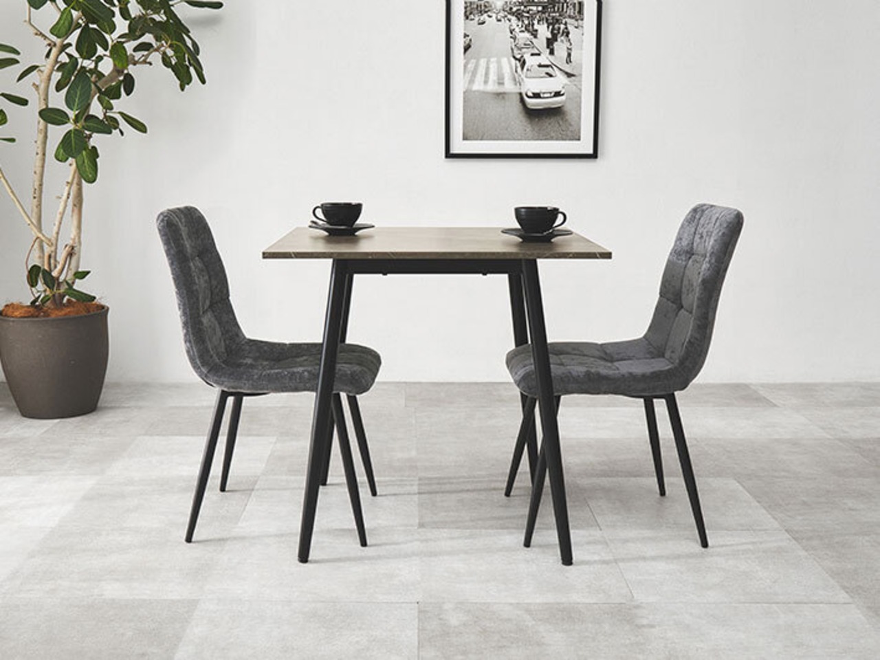 75×75cmカフェテーブル3点セット 大理石調 【チェア：ダークグレー】・画像3