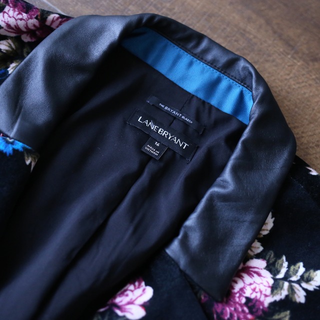 fake leather switching design flower art pattern tailored jacket