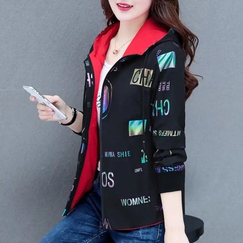 ジャケット レディース ファッション リバーシブル オレンジ ブラック ピンク ライトオレンジ リバーシブル 10代 20代 30代 春 秋 レジャー カジュアル デザイン プリント  フード