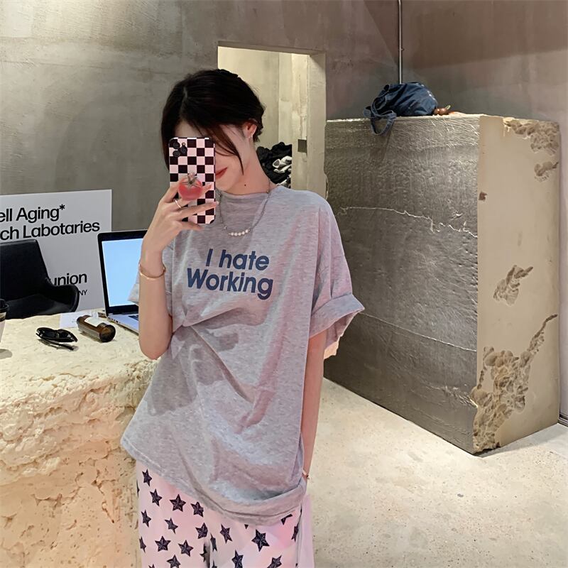 スタイルプリントTシャツ サマー薄手ルーズカジュアルトップス ロング かわいい 夏物 ブラックストロベリース87766777573