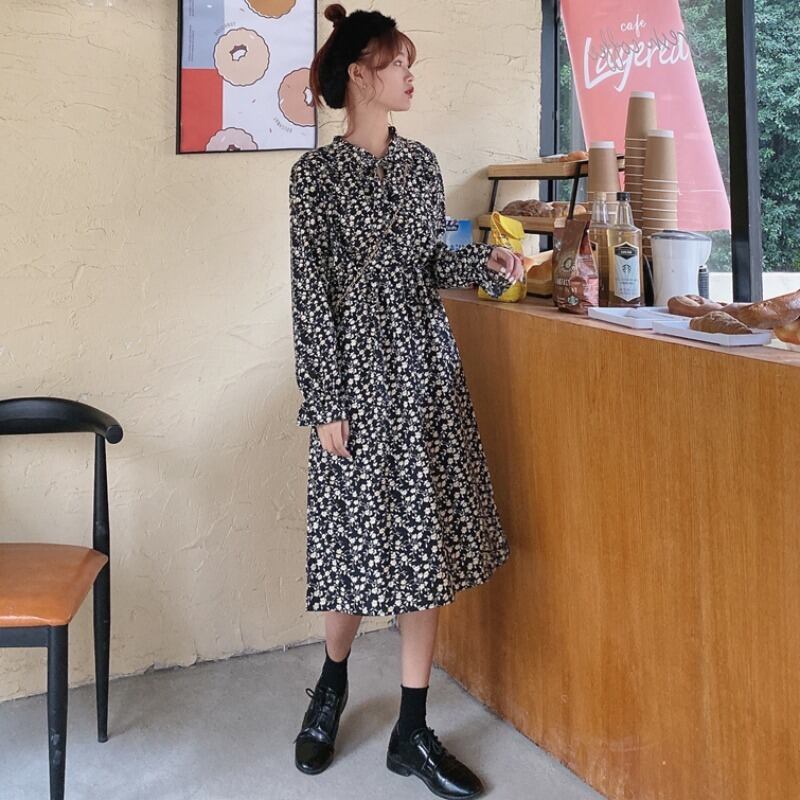 シックな新しいファッションレトロな小さな花柄のスカートの女性の気質のウエスト-膝のドレスの2020年春バージョン YY-ファッション52374423683