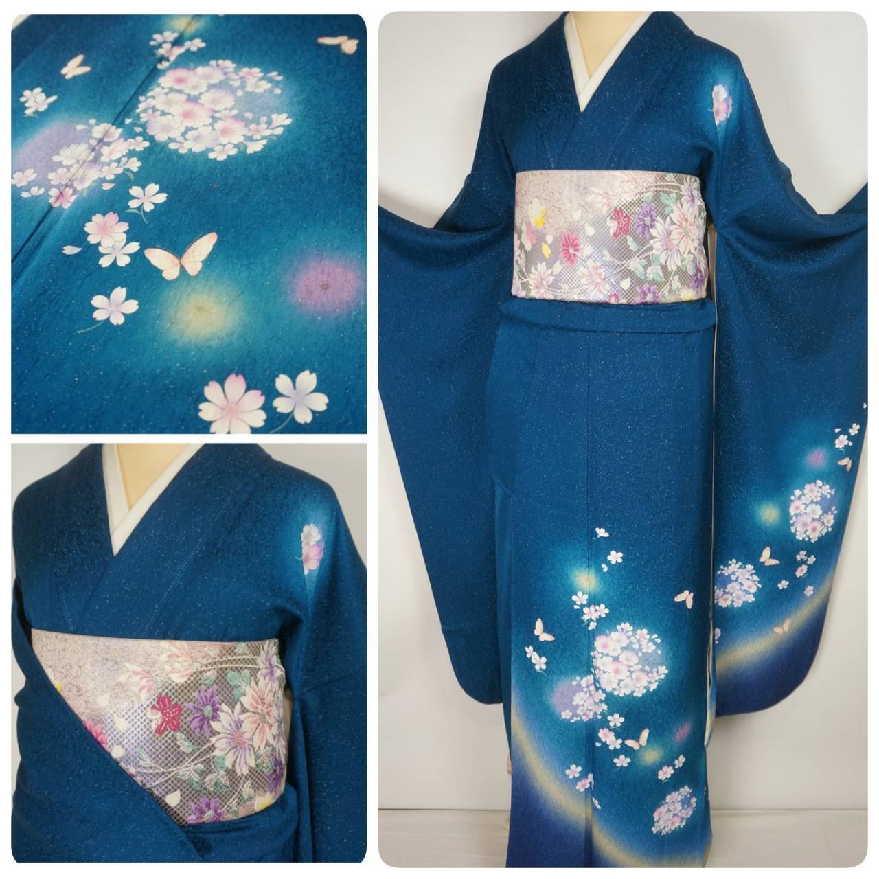 やまと金ラベル 3点セット 振袖 袋帯 襦袢 桜 蝶 正絹 紺色 028 | kimono Re:和 [online store] キモノリワ 着物 帯