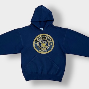 【SOFFE】90s USA製 リフレクター付き ロゴ プリント US NAVY バックプリント パーカー プルオーバー スウェット フーディー hoodie S ネイビー ソフィー 米軍 アメリカ軍 ミリタリー us古着