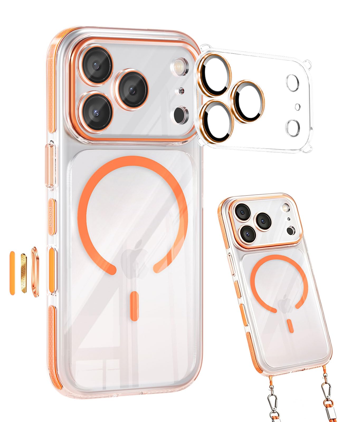 DAMESINE iPhone 17 ProMax用ケース MagSafe対応 マグネット内蔵リング 透明背面 エアクッション耐衝撃カラプルバンパー内蔵 カメラコントロールボタン付き 黄変防止 薄型 自由に着脱式カメラカバー ストラップホール シンプルで可愛いアイホン17プロマックスケース オレンジ