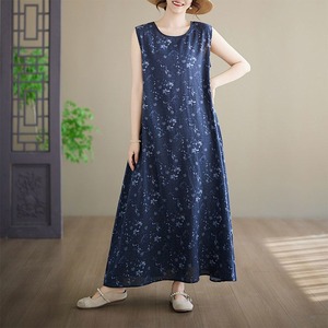 PRINT SLEEVELESS RELAXED LINEN MIDI DRESS M-17503