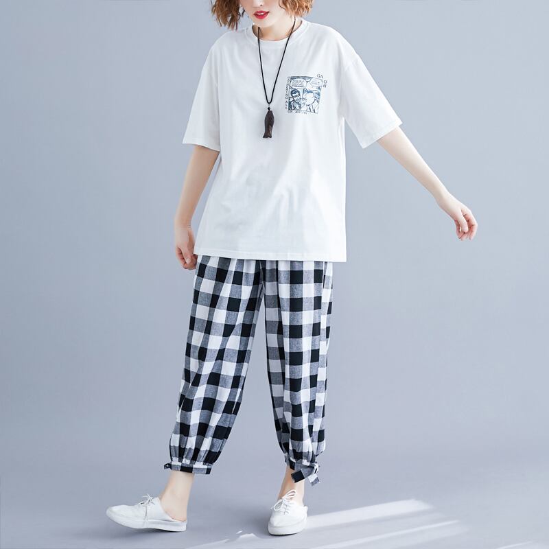 2点セット セットアップ 上下セット レディースファション 着痩せ Tシャツ トップス ラウンドネック 五分袖 ボトムス ズボン チェック柄  アルファベット 大きいサイズ M L LL 3L ブラック 黒い ホワイト 白い 激安 | elegant powered by BASE
