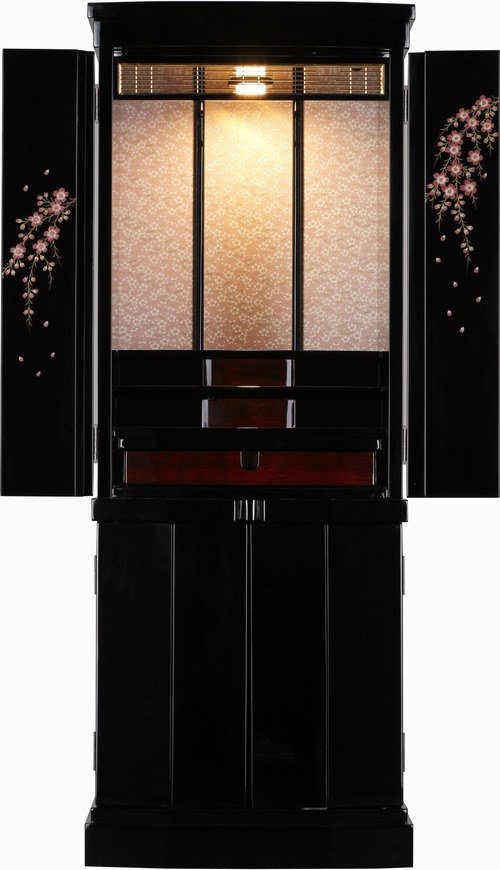 黒塗り桜蒔絵風のモダン仏壇 台付 高さ140cm｜KB-M-018