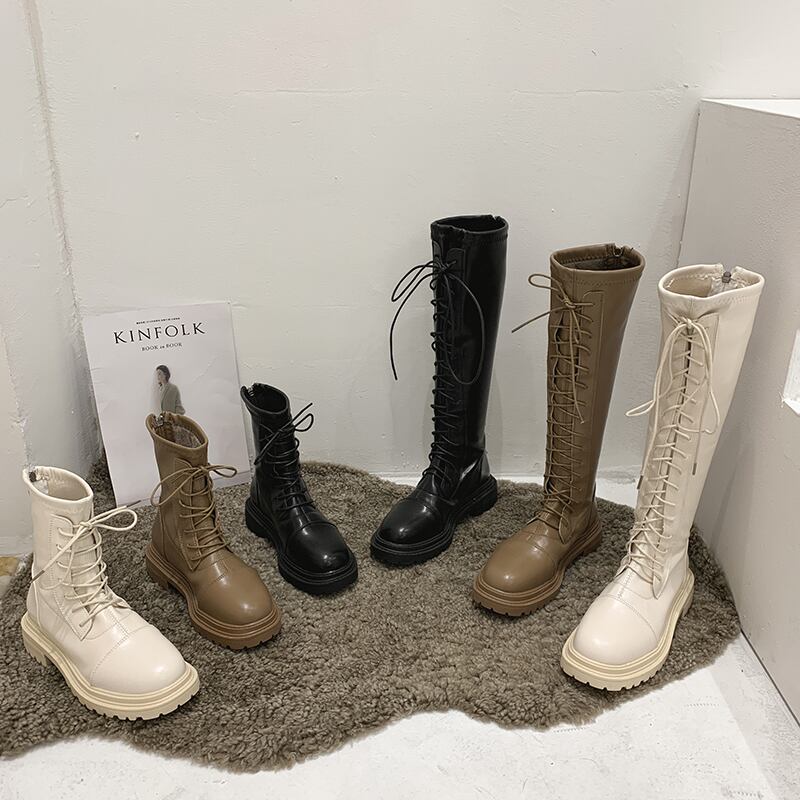 ロングブーツ薄手 レース 靴 シューズ ラウンドトー レースアップ フェイクシューズ73136541089