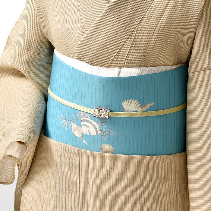 美品 開き名古屋帯 夏帯 絽 洗える 水色 藤 長さ3ｍ62㎝ お洒落 化繊 名古屋帯](単衣/夏)絽塩瀬 十日町友禅 秀美 謹製 貝殻 九寸帯 正絹