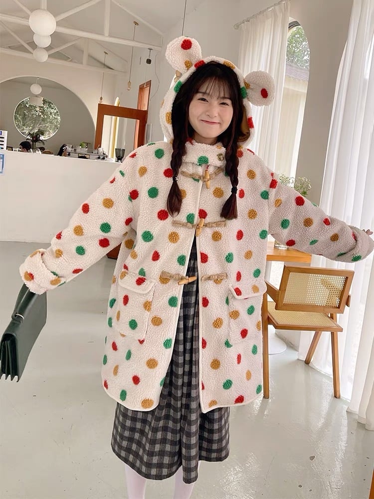 コート チェック ピンク 水玉 ドット フリース 可愛い 原宿 渋谷 JK