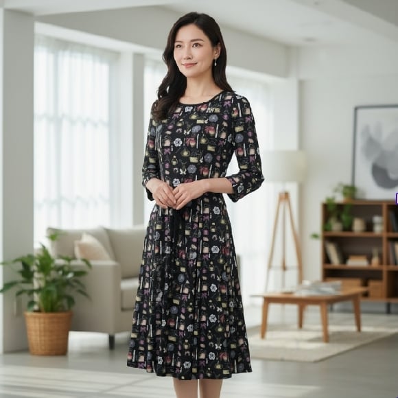 スーパービューティー ワンピース 香水瓶 ばら エッフェル塔 2526003 ブラック 2025年秋冬 オーラボー 大人かわいい服 大人スタイル キレイメ Super Beauty レディース アパレル 女性 M L LL 30代 40代 50代 60代