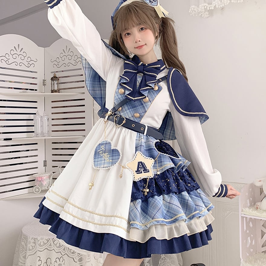 アイドル衣装　ハンドメイド　水色チェック柄フリル　コスプレ　コンカフェ アイドル衣装 ハンドメイド 水色チェック柄フリル コスプレ コンカフェ