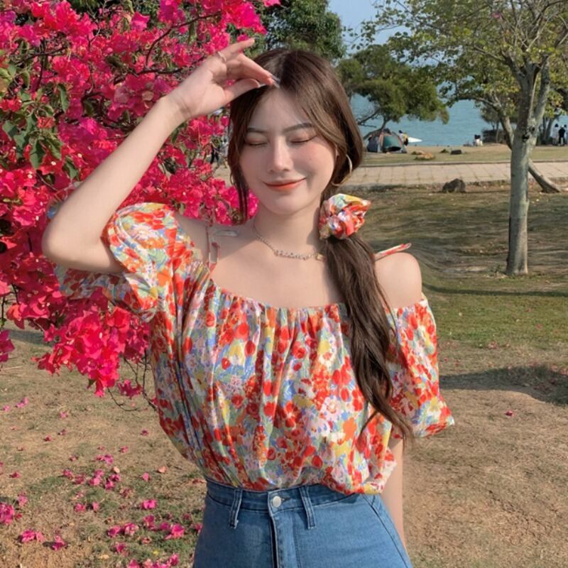 フローラルシャツ レディースサマースタイルストラップレスプリントトップス 夏物 花柄 ハンチェンe57801258455