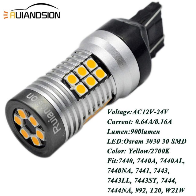 Ruiandsion 2個入り 7443 7440 LED 電球 T20 ウェッジ12-24V 3030 30SMD チップセット ターンシグナルライト、テールライト、ブレーキライトLED電球、イエロー/アンバー
