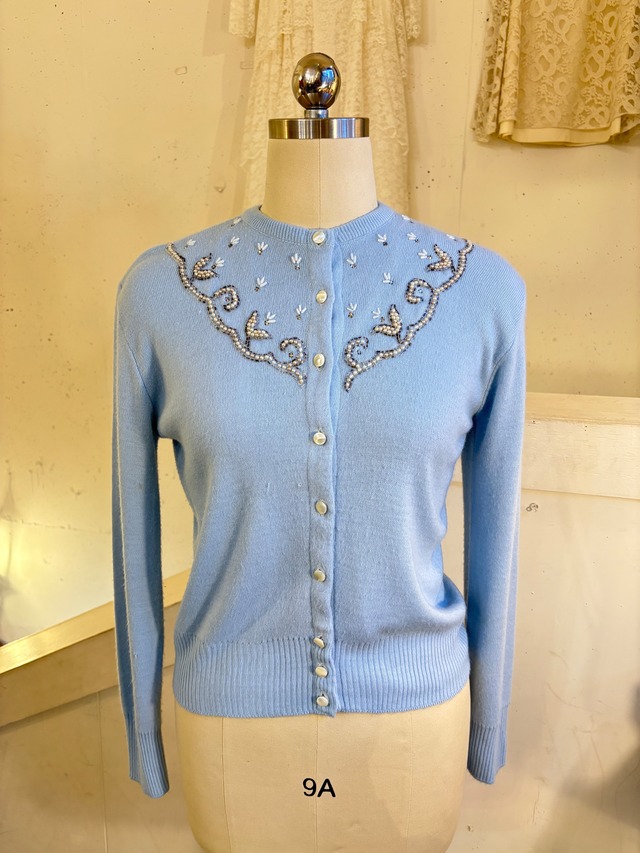 50's "BLAIR MOOR" beads × rhinestone baby blue cardigan