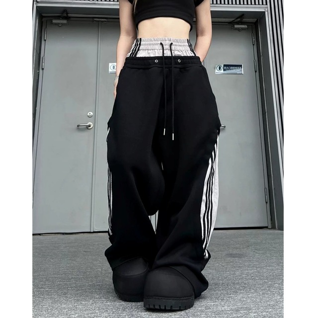 フェイクレイヤードサイドラインワイドパンツ 2col R02913