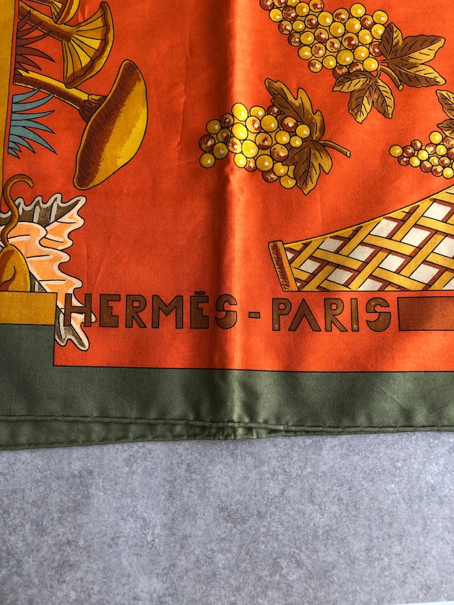 HERMES エルメス カレ70 スカーフ オレンジ×グリーン フルーツ コットン 落ち葉 vintage ヴィンテージ オールド vi8ch5