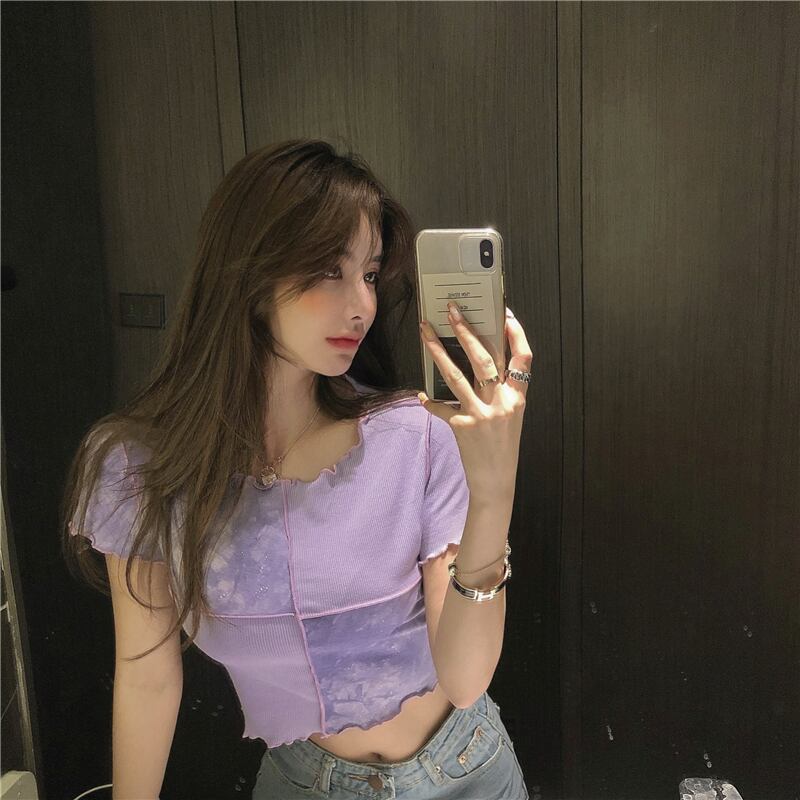 パープルパーソナリティ絞り染めチェック柄ショートTシャツレディースサマースリム半袖2020ニューデザインセンスニッチトップ ブラックストロベリース79171616465