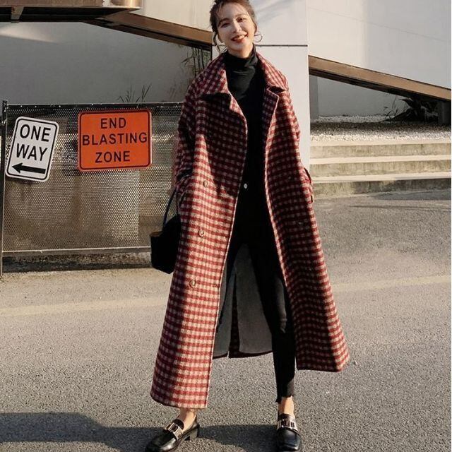 予約販売】チェック コート ロング丈 襟 ビックシルエット ウール