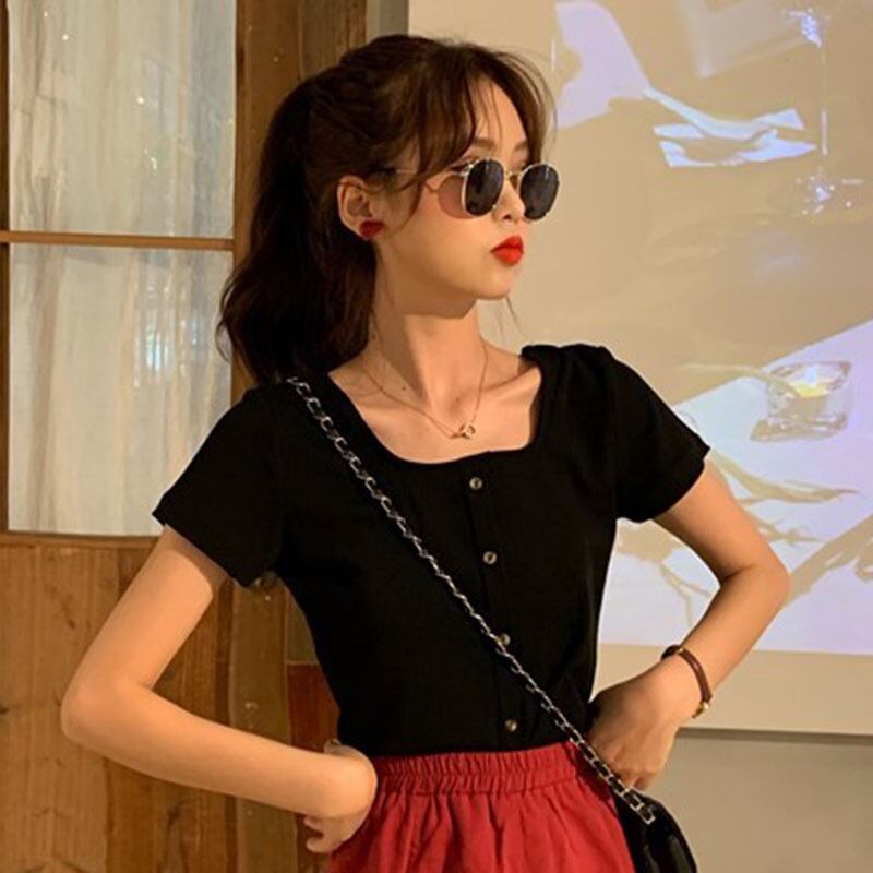 2020年夏の新しいスタイルの大学スタイルの学生レトロな小さな正方形の襟無地の短いマルチカラーTシャツファッションの女性 YY-ファッション26696694690