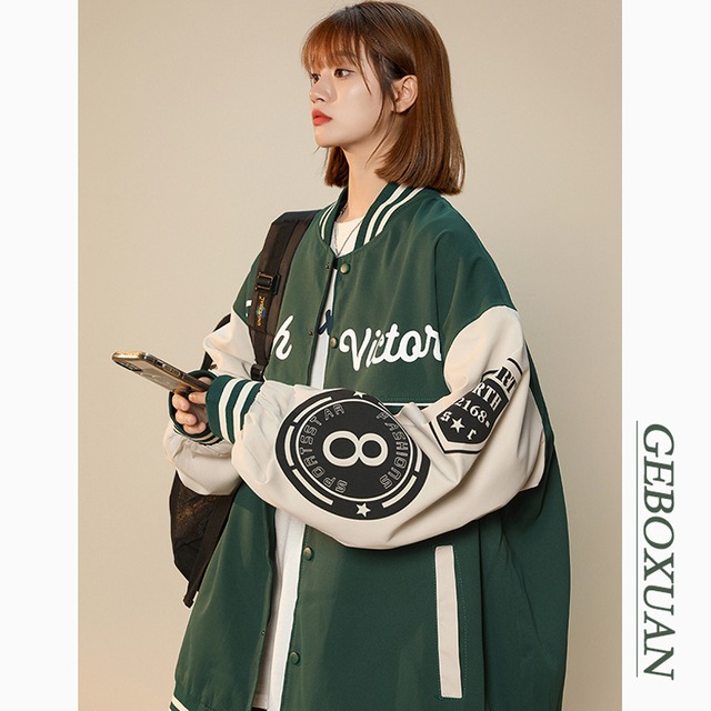 【GEBOXUANシリーズ】★アウター★ スタジャン 2color 男女兼用 メンズ 大きいサイズ 配色 ブラック グリーン