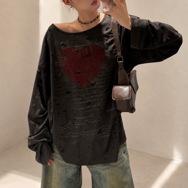distressed heart graphic long tee　ハートグラフィックダメージロングティー　J2144
