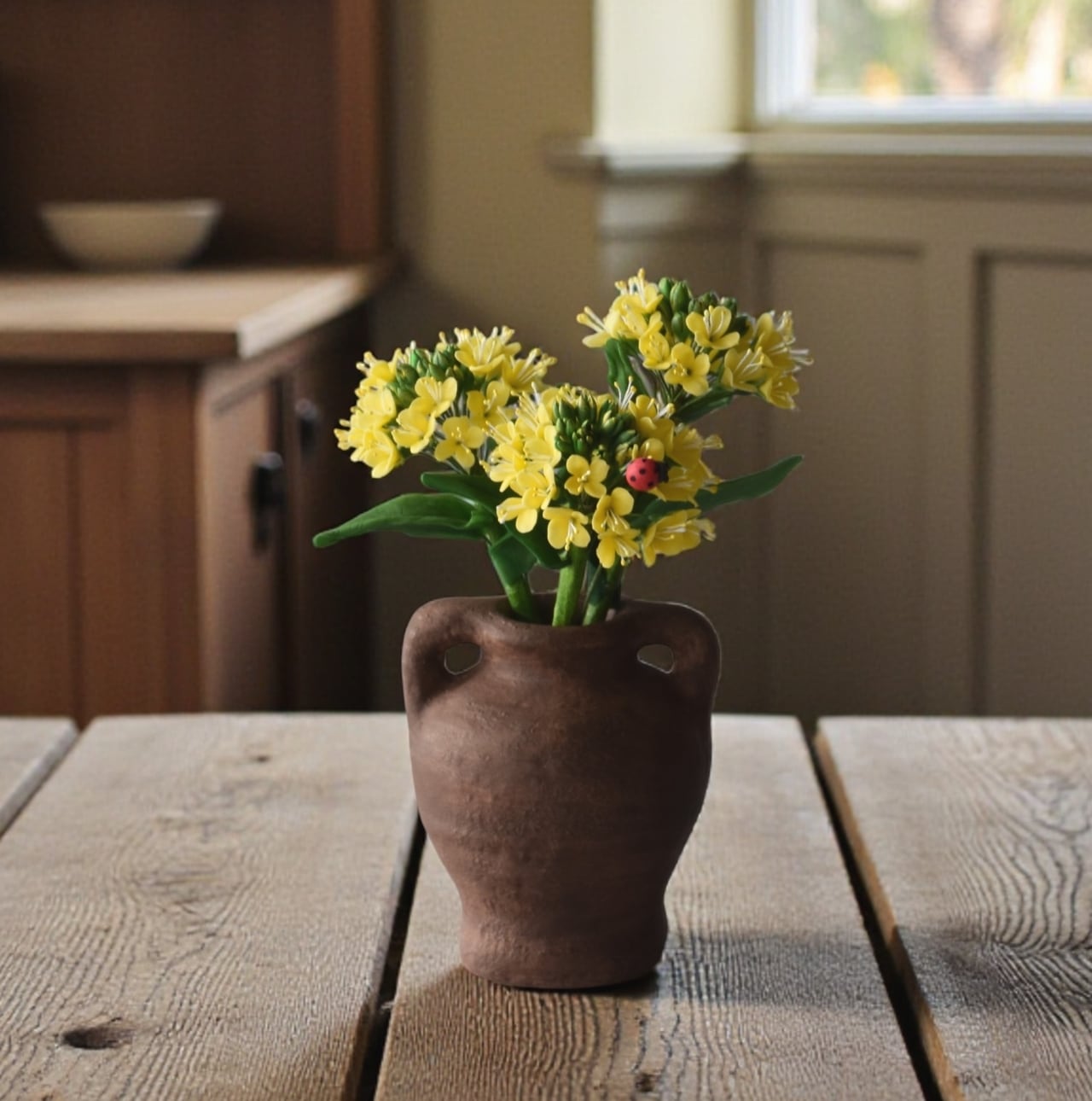 ◇粘土のお花◇ 菜の花とてんとう虫 壺 N1390 | oldfantasy