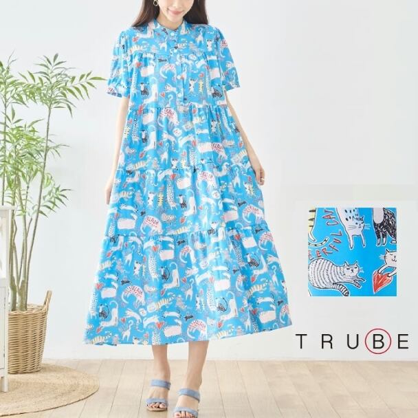 ティアードワンピース ポップキャットイラス ト総柄プリント N82-775 TRUBE ブルー ミセス M L fmsd ゆったり 体型カバー 大人カジュアル きれいめ 半袖 上品 ミセス 春夏