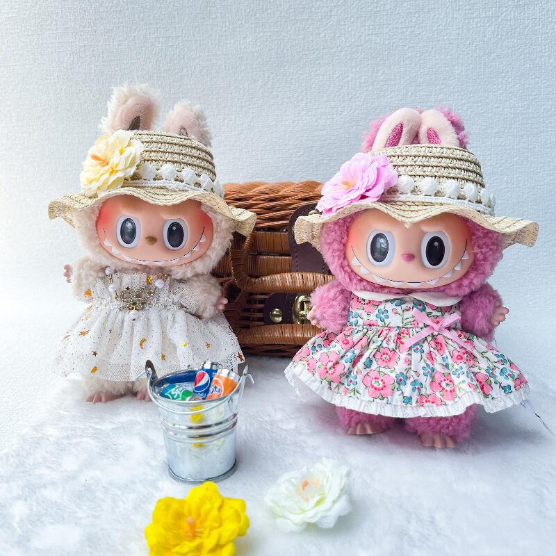 花飾り付き ストローハット Labubu 123代用 手編み 麦わら帽子 ぬい服