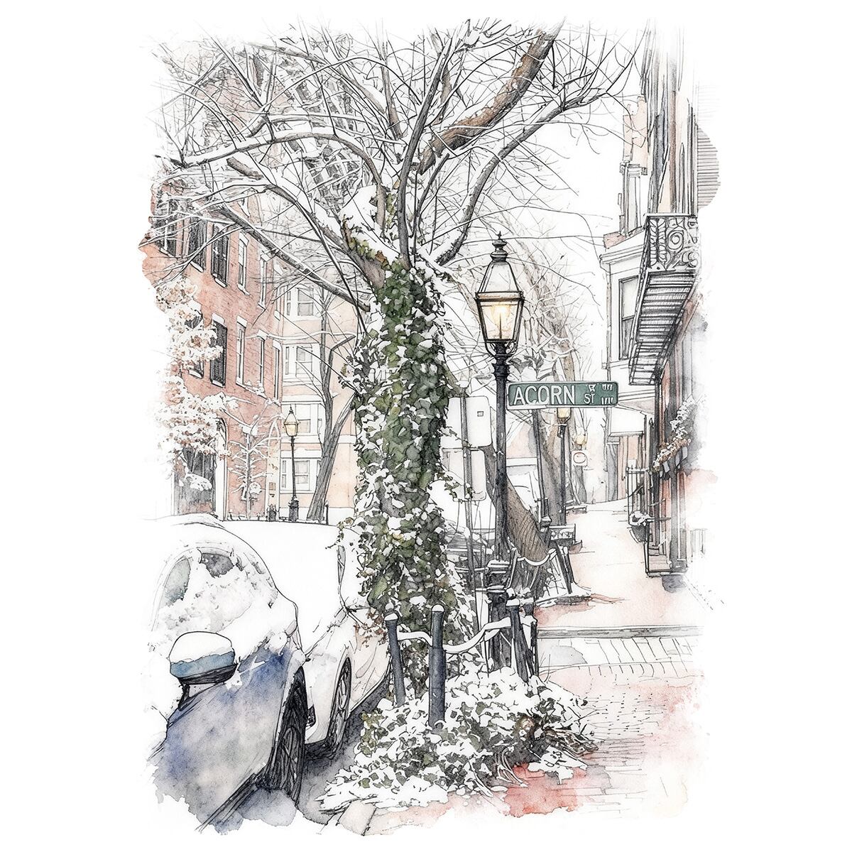 絵画 アメリカ 風景画(街並み) 冬 雪が降る ボストン エイコーンストリート インテリアアート額付き 水彩画・油絵調 WAT0353