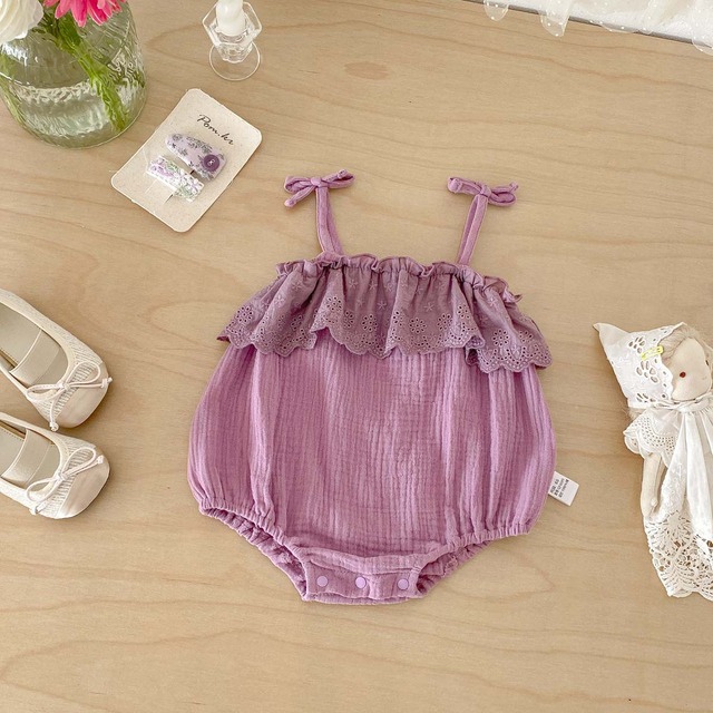 【BABY】肩リボン甘めレースフリルキャミソールロンパース - 19