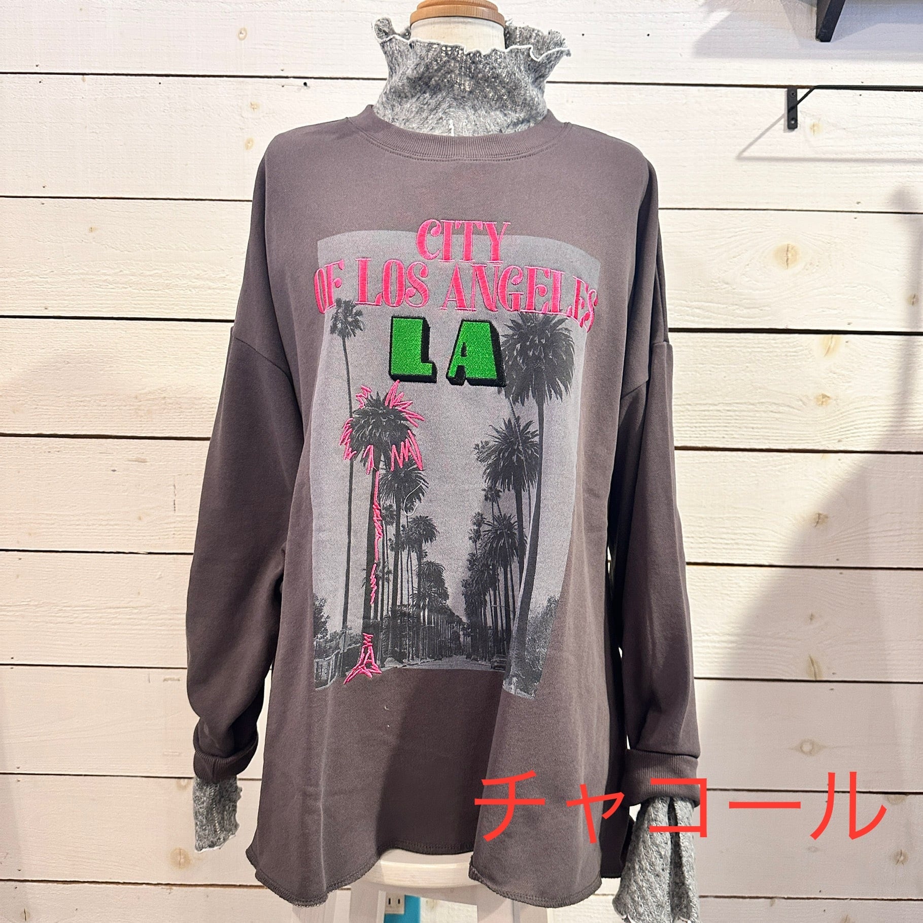 ヤシの木転写ロゴ刺繍ワイドクルー　334　裏毛スウェット　フリーサイズ　ポップカラー刺繍