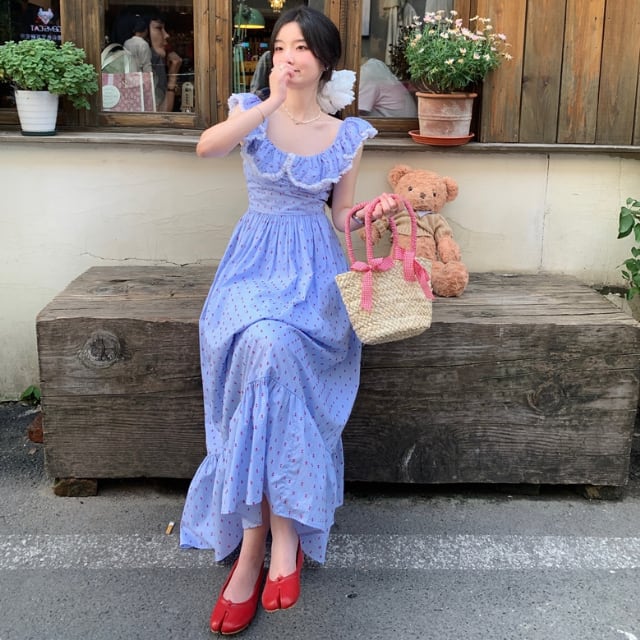 【予約販売】ワンピース レディース レトロ フリル オフショルダー マキシ丈 ロング ブルー ワンピ 大人可愛い フレンチ エレガント おしゃれ こなれ感 韓国 S/M/L
