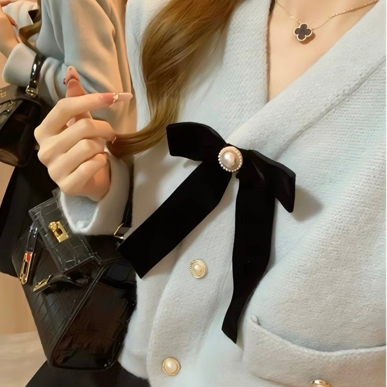 Milk Blue V-Neck Bow Knit Cardigan