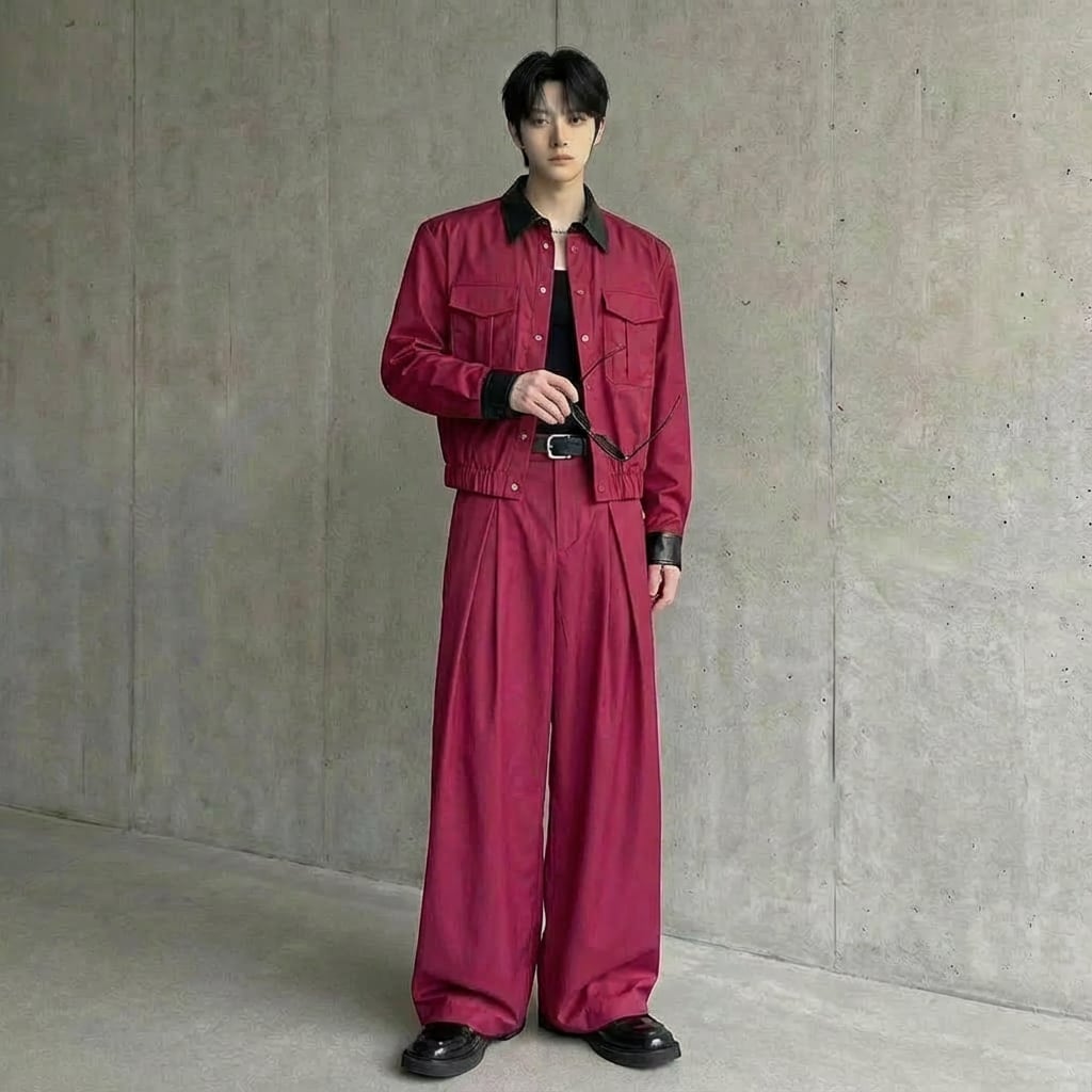 コントラストカラーパッチワークレザーショートジャケット&ワイドレッグパンツセットアップ 2カラー D11922