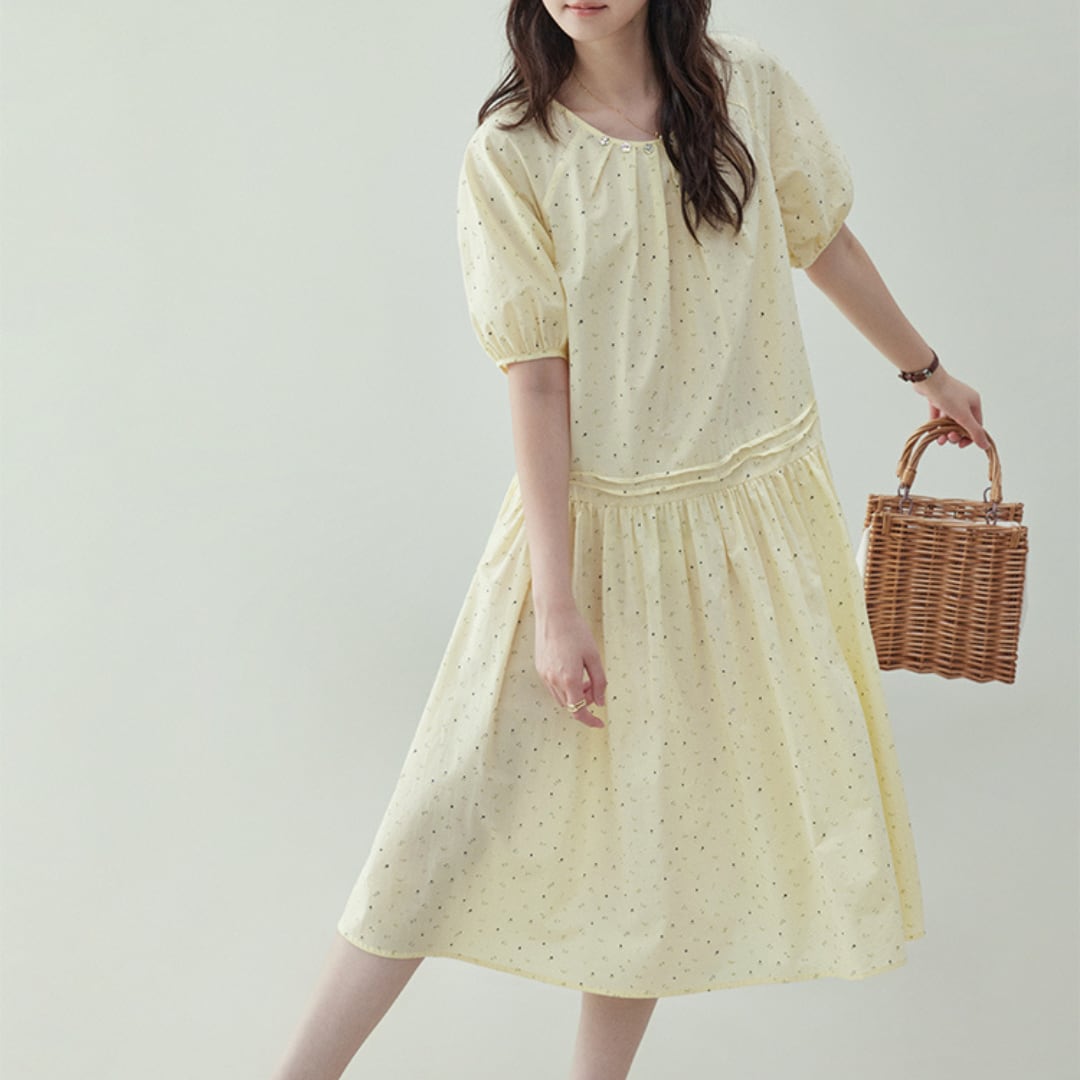gathered floral a line dress