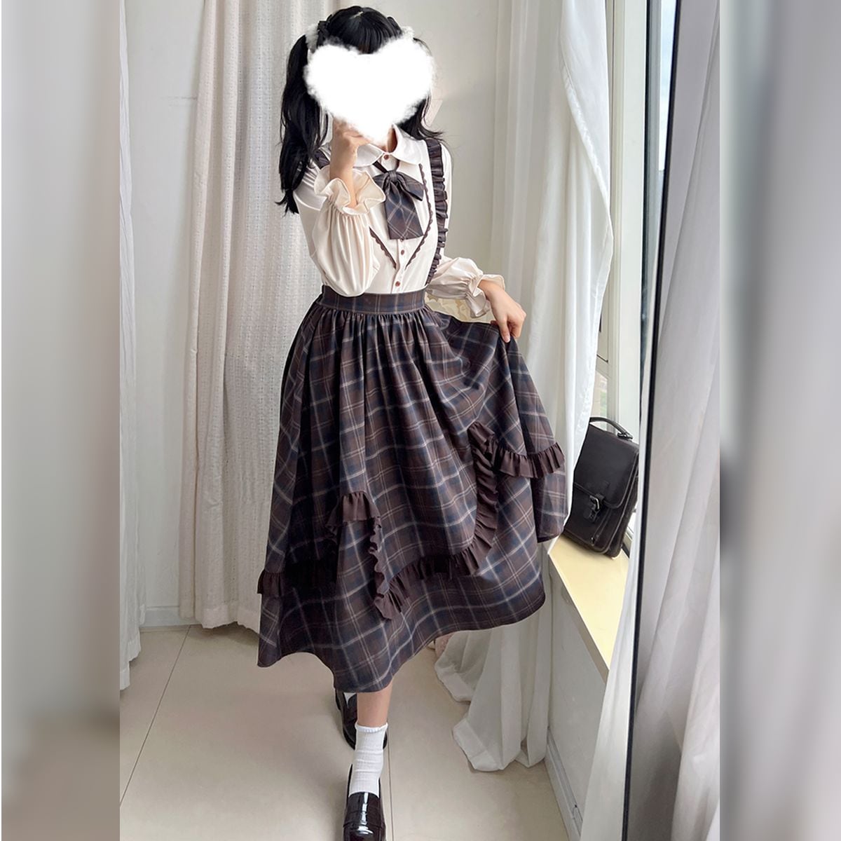 エレガントフリルショルダーチェックスカートセットアップ：スカート