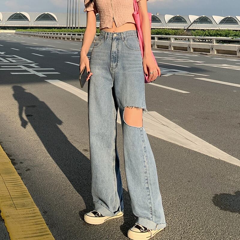 ジーンズ ハイウェストウェストルーズサマー薄手パンツ 夏物 ブラックストロベリース21602602798