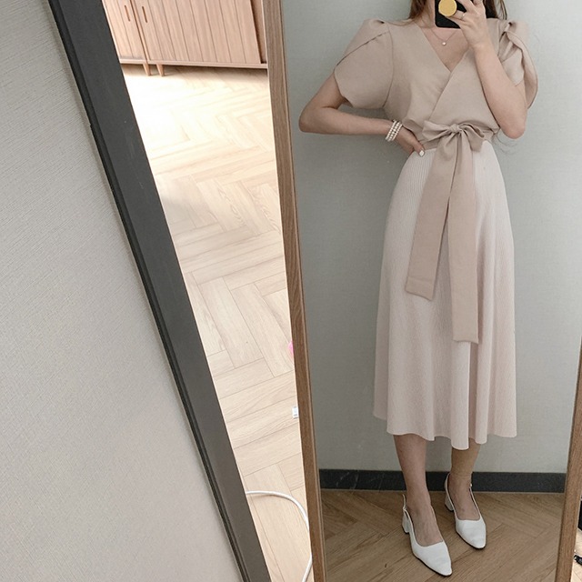 ワンピース レディース 春夏 秋冬 春 夏 秋 冬 半袖 ドレス フレアワンピース ミディアムワンピース ワンピースドレス バイカラー ひざ丈ワンピ ウエストリボン ドレスワンピース ロングワンピース フォーマル エレガント カジュアルワンピ ベージュ ピンク ネイビー