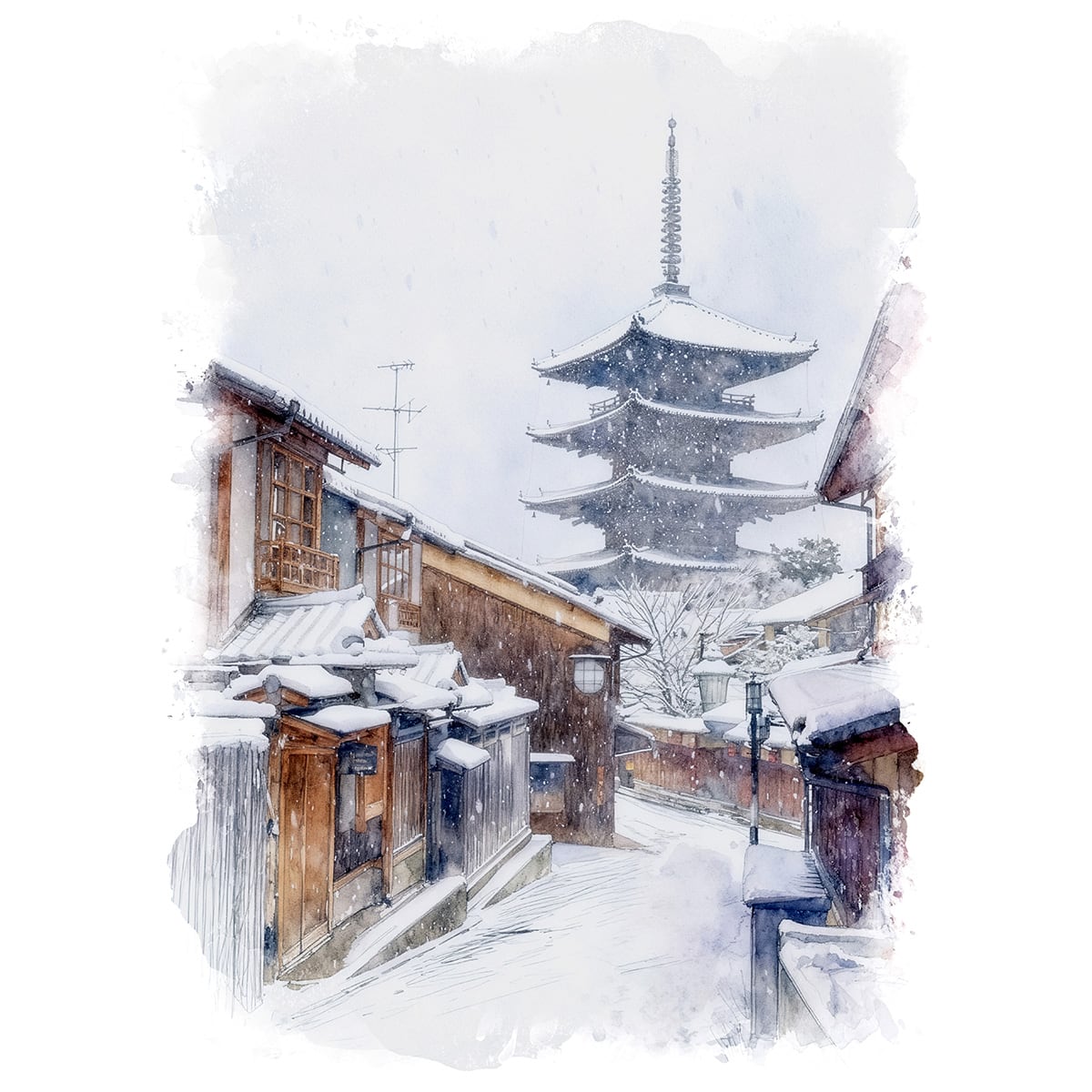 絵画 日本 京都 冬の雪舞う東山 八坂の塔の風景 インテリアアート額付き 水彩画・油絵風 WAT0082