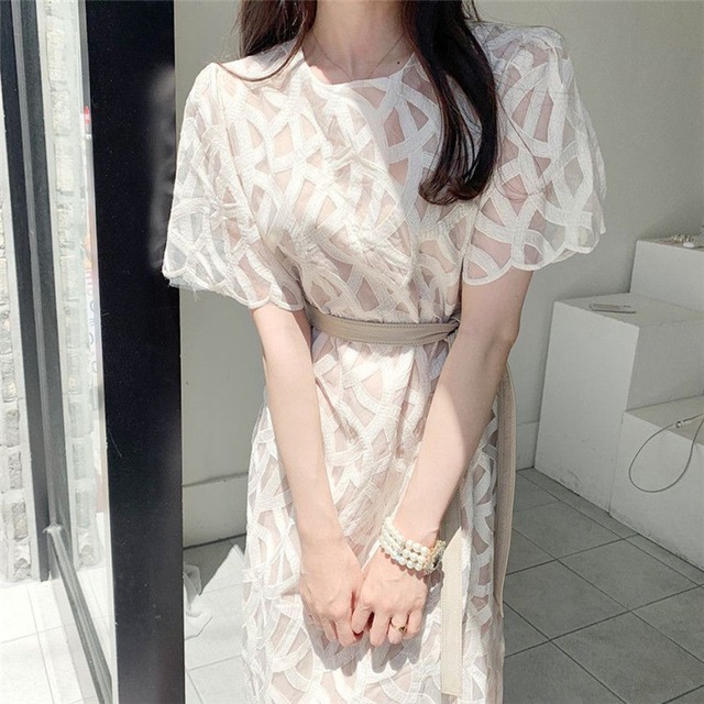 在庫限り!!お見逃しなく!! フックフラワー 穏やか ラウンドネック ワンピース ロングスカートバンディング