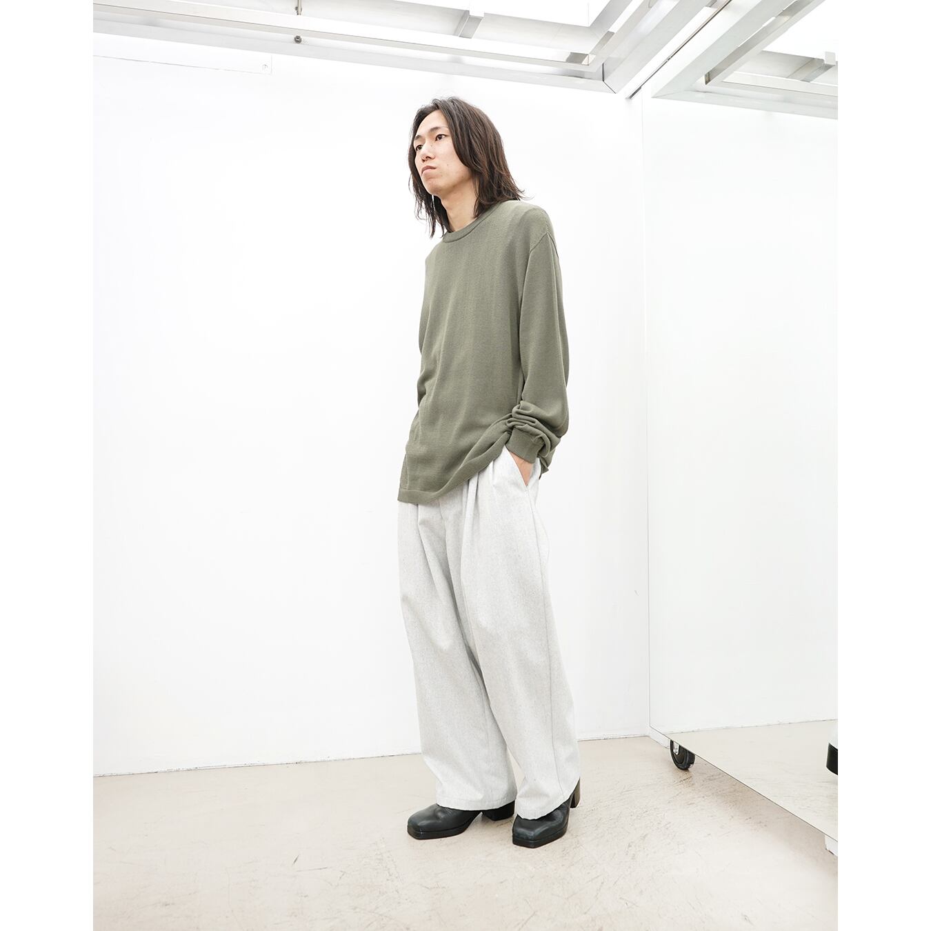 Blanc YM] (ブランワイエム) BL-23S-WKLS Wide Knit L/S Shirt (Khaki