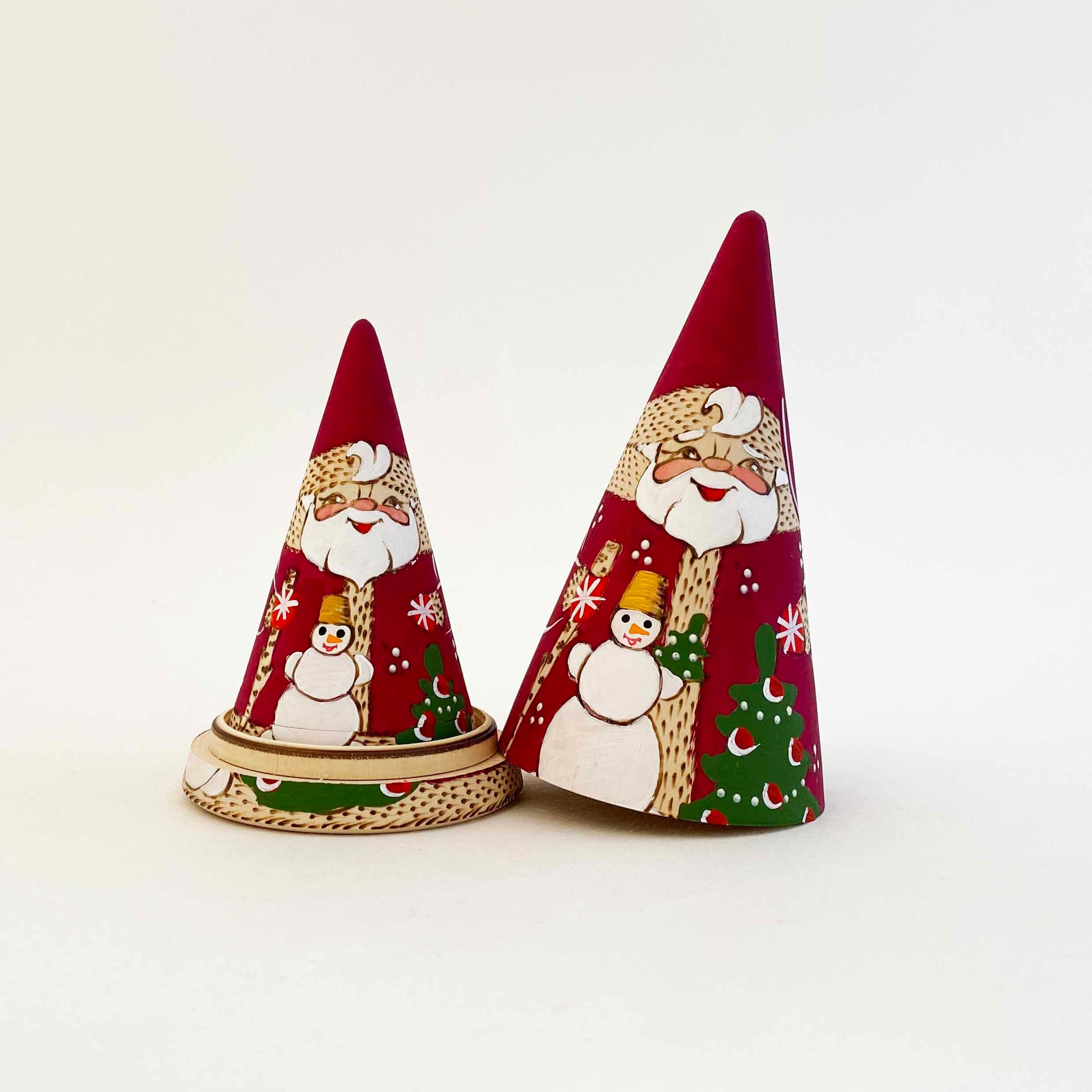 サンタ/ジェドマロースと雪だるま 焼ごて円錐マトリョーシカ(3個組)