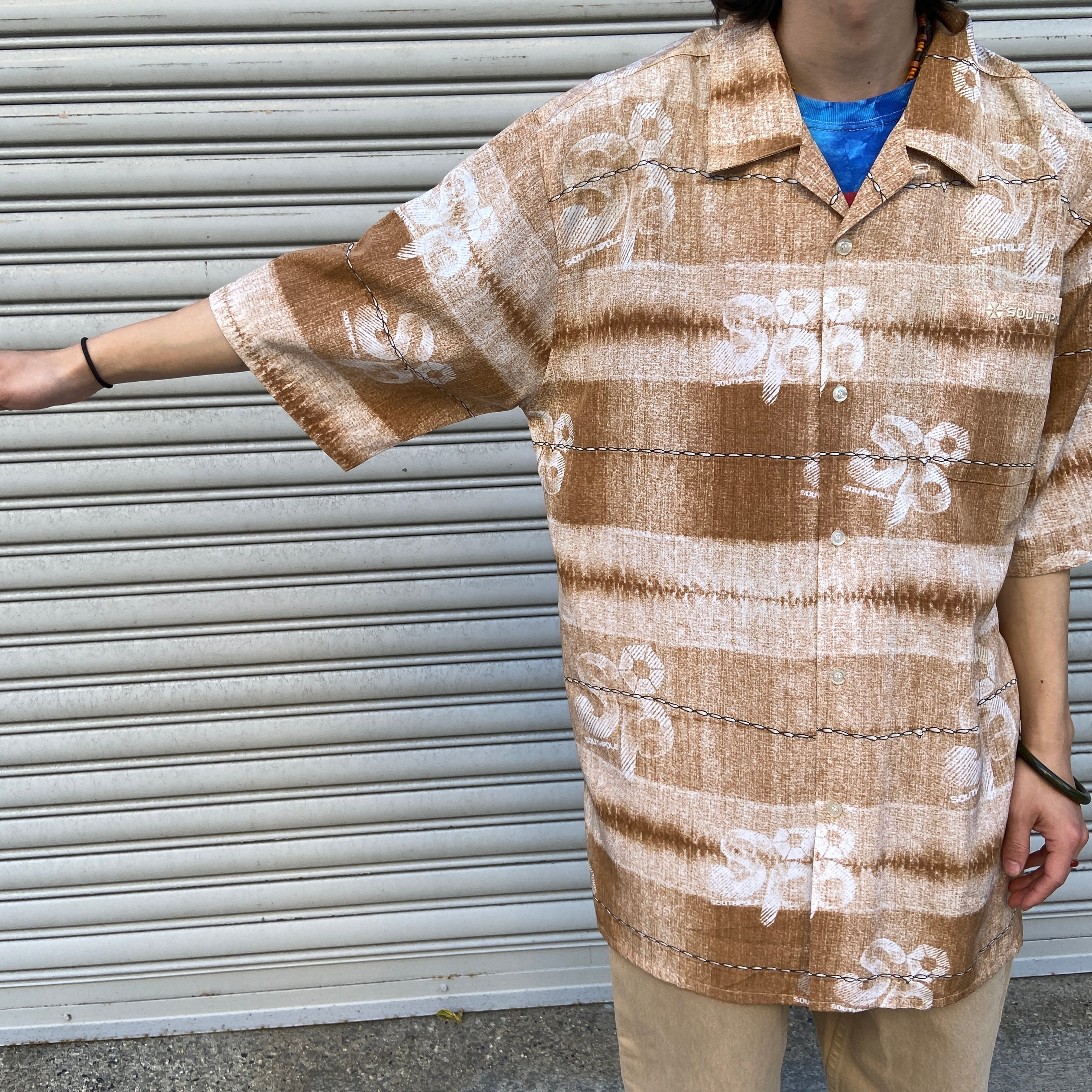 送料無料』90s southpoleサウスポール 総柄ポリシャツ L オープン